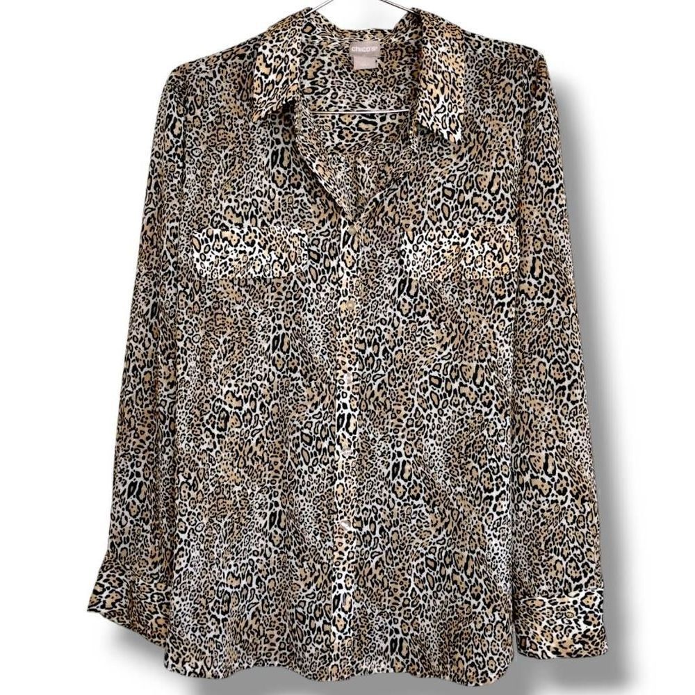 Chico's Leopard Print Button-Front Blouse in Tan, Black, Cream